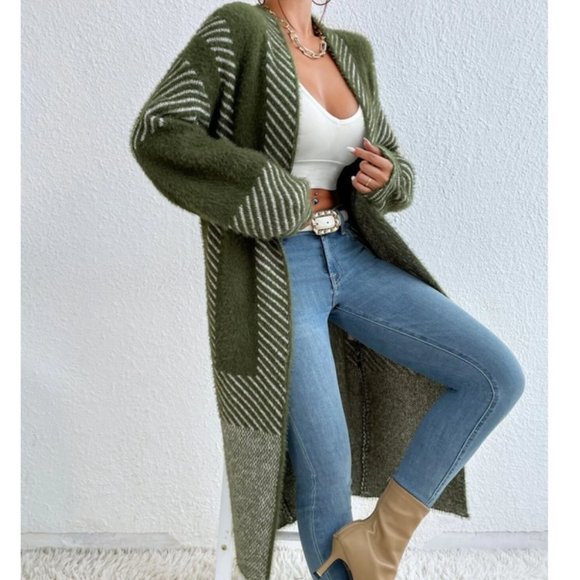 open front striped print fuzzy sweater knit duster cardigan green - Picture 4 of 7